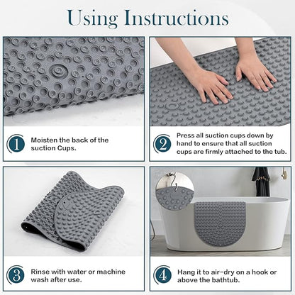 Silicone Push Pop Bath Mat with 391 Suction Cups,33x17.3 Inch Non-Slip Tub Mat for Adults, Superior to Foldable Mats for Safety & Stability with Drain Holes, Gray Thickend Soft Shower Mat