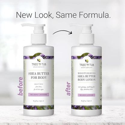 Tree to Tub Lavender Shea Butter Body Lotion for Dry Skin - Moisturizing Sensitive Skin Lotion for Women & Men, Vegan Body Moisturizer w/Organic Aloe Vera, Cocoa Butter, All Natural Colloidal Oatmeal