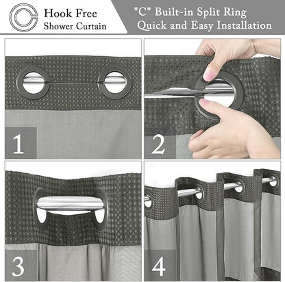 Gibelle Extra Long Shower Curtain 72x86, Waffle Weave Bathroom Shower Curtain with Snap-in Fabric Liner Set, No Hooks Needed, Hotel Style with Mesh Top Window, Charcoal Grey