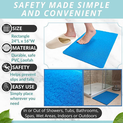 ENKOSI Loofah Non-Slip Shower and Bath Mat - Soft Cushioned Comfort - No Suction Cups for Smooth or Textured Tubs - Fast Draining - Safety for Bathroom, Family, Kids, and Elderly (24x16 Blue)