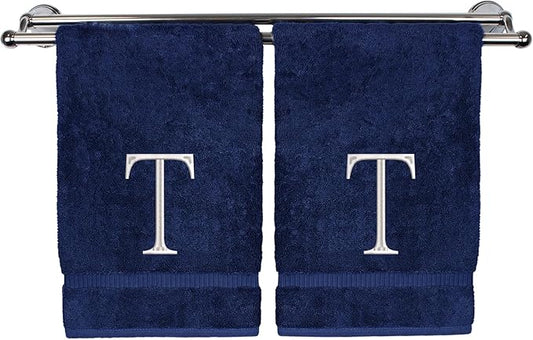 Monogrammed Hand Towel, Personalized Initial Gift, Extra Absorbent 100% Turkish Cotton - Soft Terry Finish - Set of 2 - White Block Initial T - Embroidered on Navy Blue Towels
