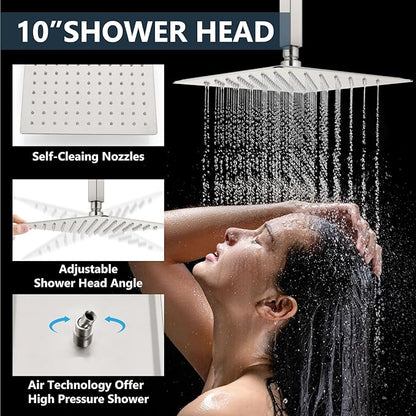 Aolemi Shower Faucet Set Ceiling Mount Shower System Rough-in Valve and Shower Trim Kit 10 and 6 Inch Dual Shower Head 2 in 1 Handheld Spray Push Button Diverter Brushed Nickel