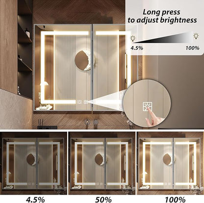 APRILSOUL 36X30 Inch Silver Bathroom Medicine Cabinet with Mirror, Recessed or Surface Lighted Medicine Cabinet with 3 Colors Temperature, Dimmable Light