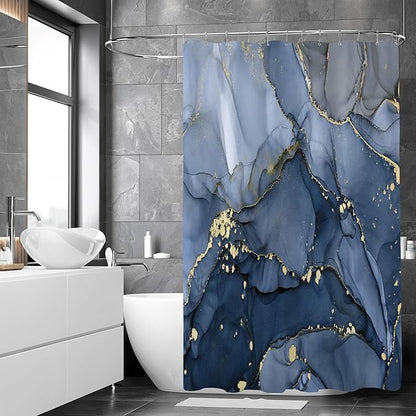 Extra Long Shower Curtain 72 x 96 Inch, Navy Blue Floor to Ceiling X-Long Abstract Marble Shower Curtains for Bathroom, Modern Luxury Art Ink Fabric Shower Curtain Set with Hooks