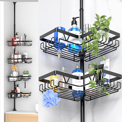 Corner Shower Caddy - 24 Hanging Hooks, Tension Pole Adjustable 25-114.2 Inch, Bathtub Organizer for Tub Corner - No Drilling, Black