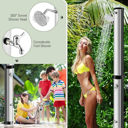 Goplus 10 Gallon Solar Heated Outdoor Shower, 7.2 FT Freestanding Outside Shower with Rotating Shower Head, Temperature Adjustment & Foot Shower, for Backyard Beach Pool SPA (Silver)