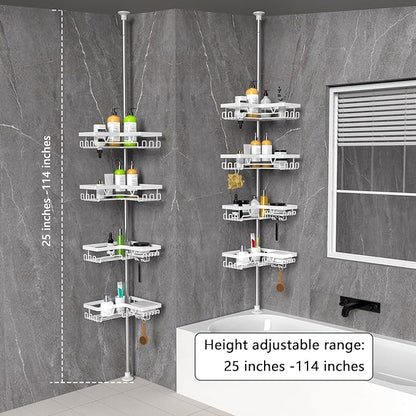 KEGII Corner Shower Caddy Tension Pole - Shower Tension Rod Organizer, Floor to Ceiling Shower Caddy 25-114.2 inch, Bathroom Rack Corner Waterproof, Pure White