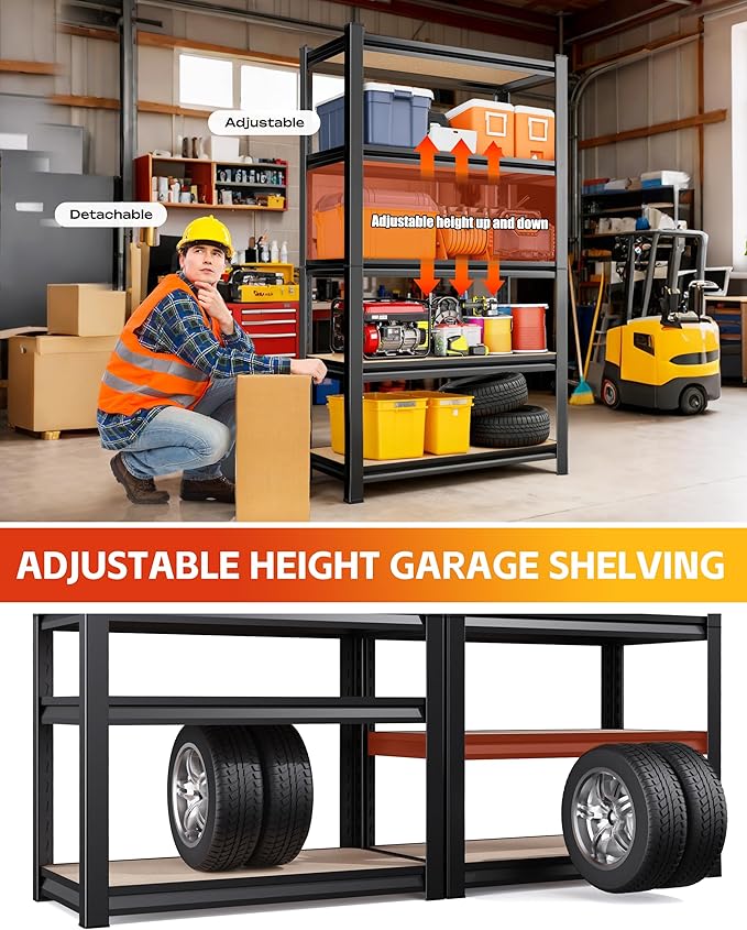 AOARGG Set of 2 Storage Shelves, 2500LBS Heavy Duty Garage Shelving, 5-Tier Metal Shelf, Adjustable Shelving Unit, for Kitchen, Basement, Warehouse, Pantry, 19.7" Dx45.6 Wx78 H, Black