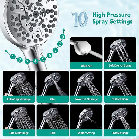 Hibbent cUPC Certified High Pressure 10-mode Shower Head, Handheld Showerhead with Adjustable Brass Joint Holder, 71" Metal Hose, Anti-clog Nozzles, Built-in Power Wash to Clean Tub & Pets, Chrome