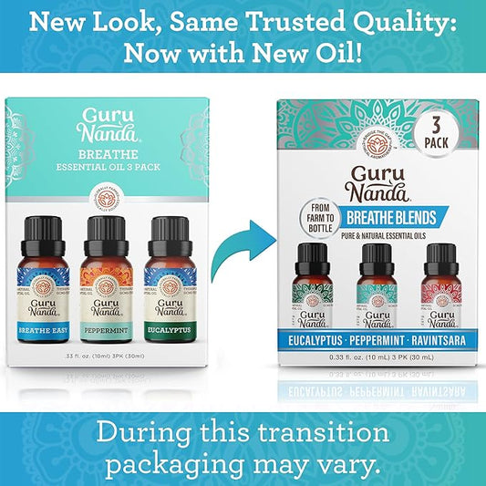GuruNanda Breathe Essential Oil Set (Pack of 3 x 0.34 Fl Oz) - 100% Pure, Natural & Undiluted Diffuser Oils for Aromatherapy - Helps Support Clear Breathing - Suitable for Massages & DIY Recipes