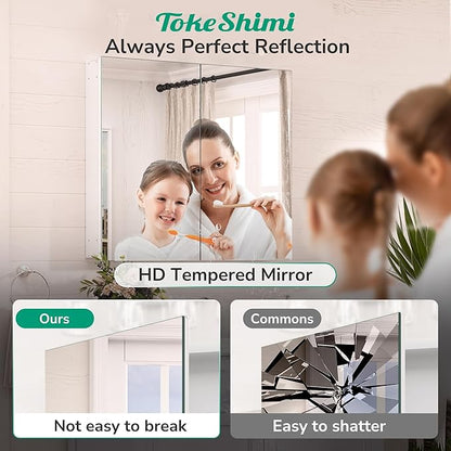 TokeShimi 14x18 Bathroom Medicine Cabinet, Tempered Mirror with Adjustable Storage Frameless White Farmhouse Medicine Cabinet Recessed