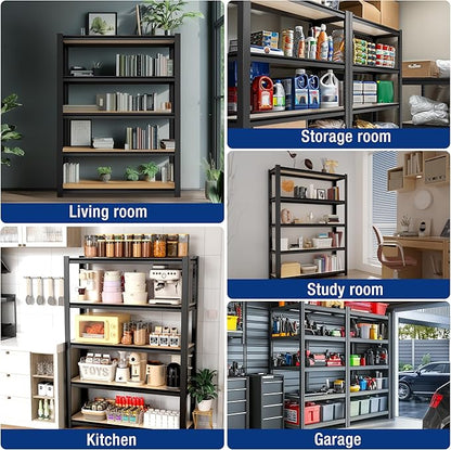 WORKPRO House 3000lbs 5-Tier Shelving Unit, 72" H Adjustable Storage Shelves, Boltless Book Shelf, Shelf Organizer for Kitchen, Living Room, Bathroom, Wood Grain Pattern, Waterproof Board, Black