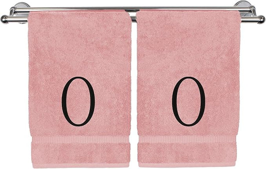 Monogrammed Hand Towel, Personalized Initial Gift, Extra Absorbent 100% Turkish Cotton - Soft Terry Finish - Set of 2 - Black Block Initial O - Embroidered on Pink Towels