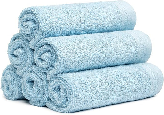100% Cotton Washcloths Set 13” x 13” | Sky Blue Towels | Set of 6 Ultra Soft and Highly Absorbent Washcloths Sets for Bathroom, Gym, Spa | Machine Washable Face Towel