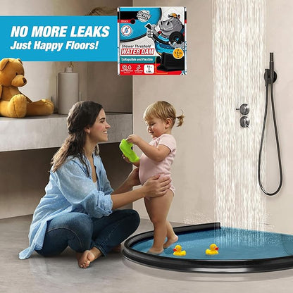 Shower Threshold Water Dam Barrier 67" - Black Collapsible Shower Water Blocker - Shower Guard for Walk in Shower - Water Guard Stopper for Floor - Shower Dam - 1.5" Tall - By Hippo Dam