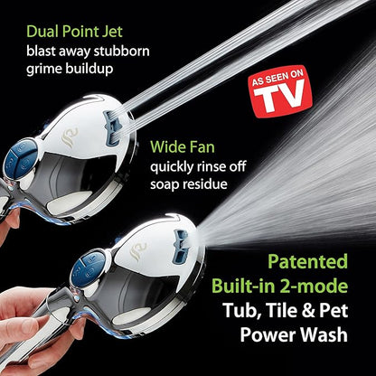AquaCare High Pressure 10 Spray Mode Filtered Showerhead - Handheld Shower Head Filters Chlorine to Heal Dry Skin, Revive Hair - Dual Power Wash Cleans Tub, Tile, Pets - Hard Water Softener, Chrome
