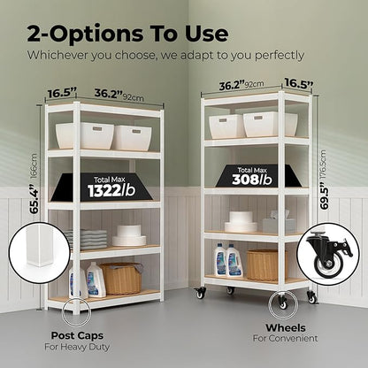 HOMEDANT House 5-Tier Metal Rolling Cart Shelf Rack Casters Heavy Duty Laminated Wheel Shelving Unit Adjustable Utility Storage Shelves Organizer Shelf Kitchen Garage (1, (M) 36.2" W, White)