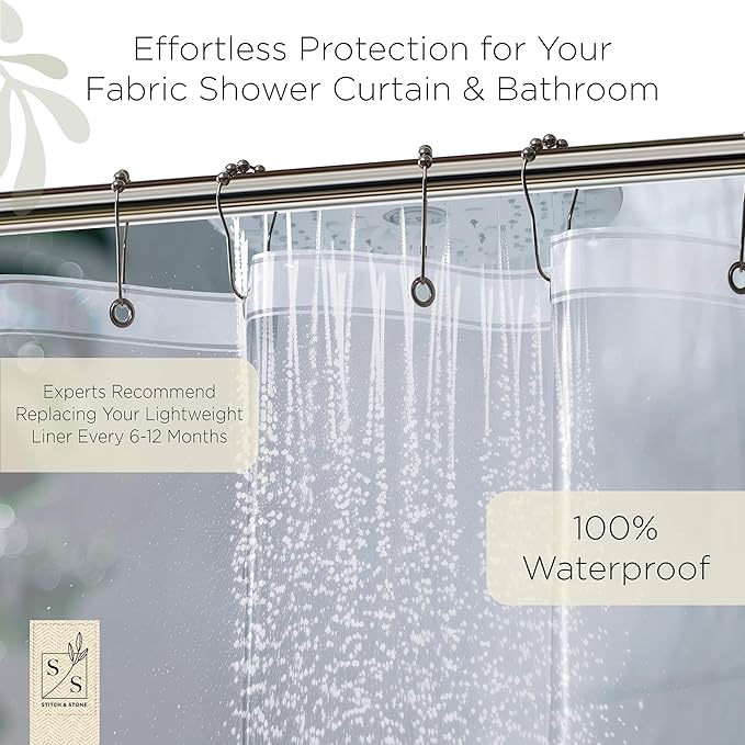 Stitch & Stone Shower Curtain Liner, Premium Lightweight Durable Waterproof 4g PEVA for Bathroom with Weighted Magnets, Standard Size 70" x 72" Clear 1 Pack