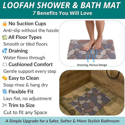 ENKOSI Loofah Non-Slip Shower and Bath Mat - Soft Cushioned Comfort - No Suction Cups for Smooth or Textured Tubs - Fast Draining - Safety for Bathroom, Family, Kids, and Elderly (24x16 Stone Path)