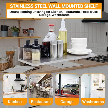 Stainless Steel Wall Shelf 8.6"x24" 60LB, 2 Packs L-Shaped Commercial Wall Mount Floating Shelving for Kitchen, Restaurant, Home