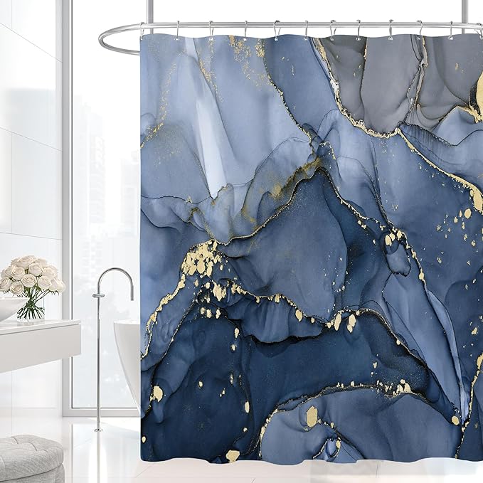 Small Stall Marble Shower Curtain 36 x 72 Inch, Half Narrow Abstract Modern Shower Curtains for Bathroom, Luxury Art Ink Texture Fabric Shower Curtain Set with Hooks, Navy Blue