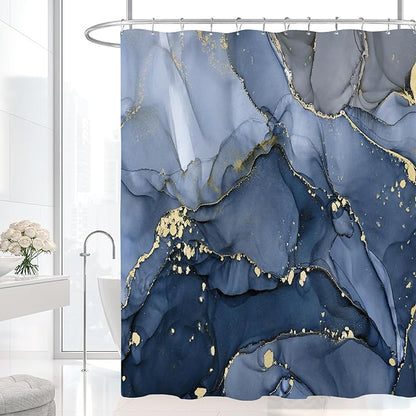 Navy Blue Marble Shower Curtain, Dark Blue Modern Abstract Fabric Shower Curtains for Bathroom, Luxury Art Ink Texture Watercolor Shower Curtain Set with Hooks 72x72
