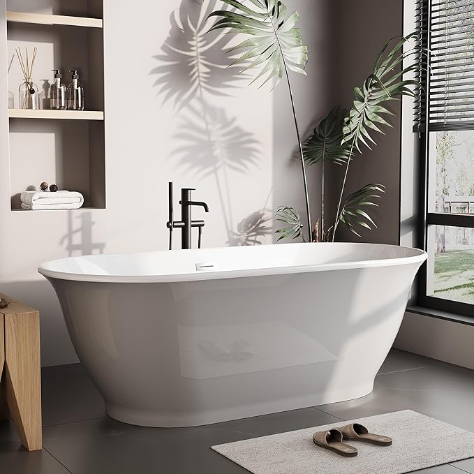 67" Free Standing Tub, Acrylic Soaking Bathtub, Stand Alone Freestanding Tub with Matte Sliver Drain and Overflow, Contemporary Bathtub for Bathroom, Grey