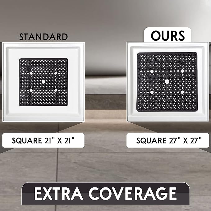 ENKOSI Square Shower Mat 27x27 inch - Large Anti Slip Shower Floor Mat - Non Slip Bathroom Shower Stall Mats with Strong Secure Suction Cups and Drain Holes in Middle (Charcoal 27x27)