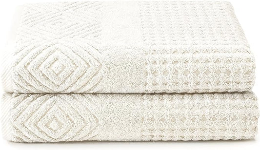 Texere 100% Organic Cotton Diamond Jacquard 700 GSM Luxury Bath Towel Sets - Ultra Soft and Absorbent Hotel and Spa Quality (Diamond, Cream, 2 Bath Towels)