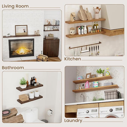 Floating Shelves for Wall Decor, 8 Inch Deep Rustic Solid Elm Wood Floating Shelves Wall Mounted, Wall Shelves with Invisible Bracket for Living Room Bathroom Bedroom Kitchen, 36 Inch Set of 2, Walnut