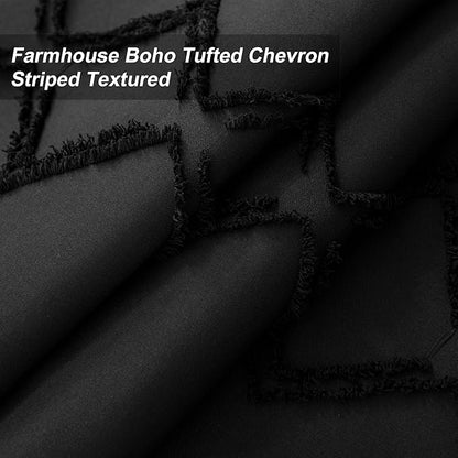No Hooks Required Boho Farmhouse Shower Curtain Tufted Chevron Striped with Snap in Liner - 72W x 80H, Water Resistant Hotel Grade Spa Like Bathroom Curtain Set, Black