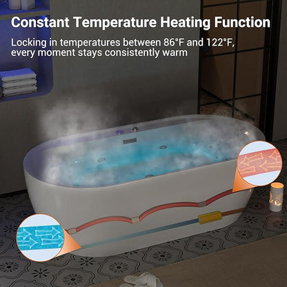 Acrylic Freestanding Bathtubs 71 inch Massage and Air Bubble Jets – Glossy White Soaking Bathtub, Free Standing Bathtub with Heater and Digital Panel, Stand Alone Tub Bathtubs for Bathroom