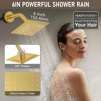 Shower Faucet Set Brushed Gold Shower System, Push Button Diverter 3-Way Shower Valve Kit, Wall Mount 12 Inch Overhead Shower Head with 6 Inch Side Spray Shower Head, 4 Modes Flow Handheld Shower