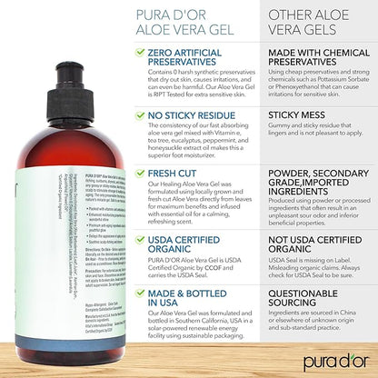 PURA D'OR 16 Oz ORGANIC Aloe Vera Gel - Lavender - All Natural - ZERO Artificial Preservatives - Deeply Hydrating & Moisturizing - Sunburn, Bug Bites, Rashes, Small Cuts, Eczema Relief - Skin & Hair