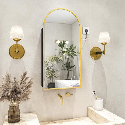FKWin Arched Bathroom Medicine Cabinet with Mirror and Power Outlet, Gold Wall Mounted Mirror Medicine Cabinet for Left or Right Opening, not Recessed, Vanity Bathroom Mirrors, Gold, 16x32 inch