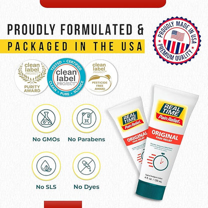Real Time Pain Relief Cream 4oz Tube | 17 Natural Ingredients: 1.25% Menthol, Arnica & MSM | Muscle Strain & Joint Discomfort Relief for Arthritis, Cramps, Sprains, Bruises, Hands, Back & Knee Pain