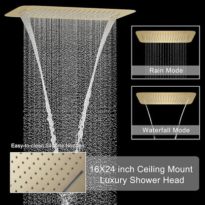 Brushed Gold Digital Display Shower System with 16X24 inch Ceiling Overhead Shower Head(Rain & Waterfall Two Modes), 4 PCS Body Jet and Handheld Spray