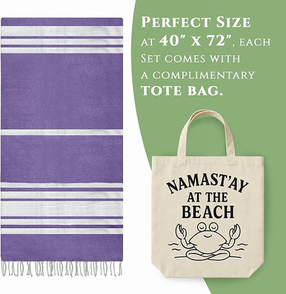 Turkish Cotton Beach Towel Pack of 4 & 1 Boho Tote Bag - Hammam Towels - No Shrink - Quick Dry - Lightweight - Sand Free - Camping - Pool - Tanning - Beach Essentials - Purple (40"x70")