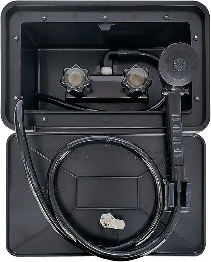 RV Exterior Shower Box Outdoor Camper Trailer Shower Kit with Shower Faucet Shower Head and Hose wall box portable use for Camper Van Travel Trailer Motorhome and Boat (Black)