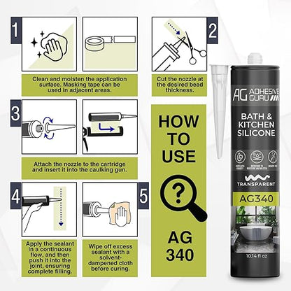 Adhesive Guru AG340 Clear Silicone Sealant for Bath and Kitchen(24x10.14 fl oz), 100% Silicone Caulk, Weatherproof & Flexible Adhesive Sealant, 24 Pack