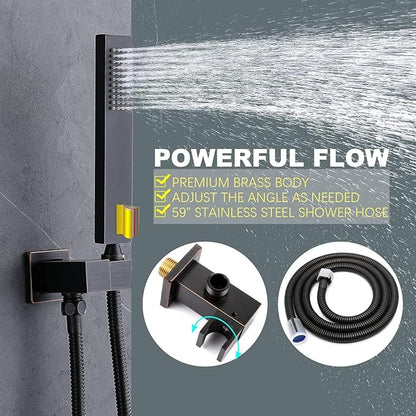 Temperature Display Oil Rubbed Bronze Shower System, Push Button Shower Faucet with Handheld Spray, Ceiling Mount 12 Inch and 8 Inch Wall Mount Shower Head, 6 PCS Body Jet
