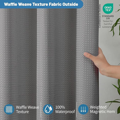 2-in-1 Waterproof Fabric Shower Curtain - No Separate Liner Needed, Hotel-Style Waffle Weave, Effortless Cleaning & Washable Bathroom Shower Curtain Set,72Wx72H,Grey