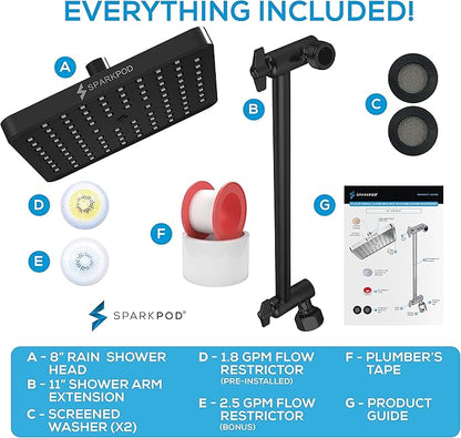 SparkPod Square Rain Shower Head with Shower Head Extension Arm - High Pressure Rain - Luxury Modern Look - No Hassle Tool-less 1-Min Installation (11" Shower Arm Extension, Midnight Black Matte)