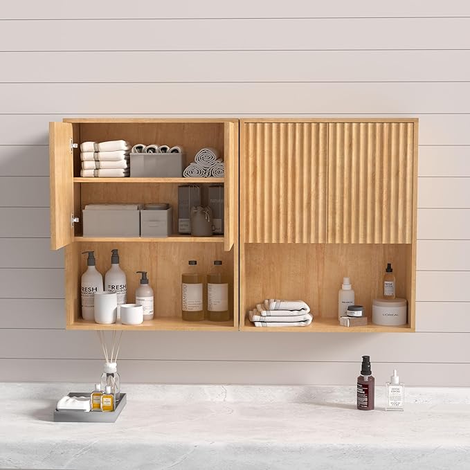 Fluted Bathroom Wall Cabinet Over The Toilet Storage,Wall Mounted Cabinet with Adjustable Shelf,Floating Cabinet Organizer Hanging Cabinet,Kitchen and Laundry Room Cabinets (Oak-2 PCS)