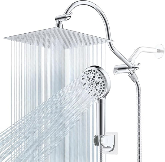 Hibbent 12'' All Metal CUPC Certified Shower Head, High Pressure Rainfall Shower Head, Handheld Showerhead Combo, 12'' Adjustable Shower Extension Arm, 10-Spray, 71'' Hose, Showerhead Holder, Chrome