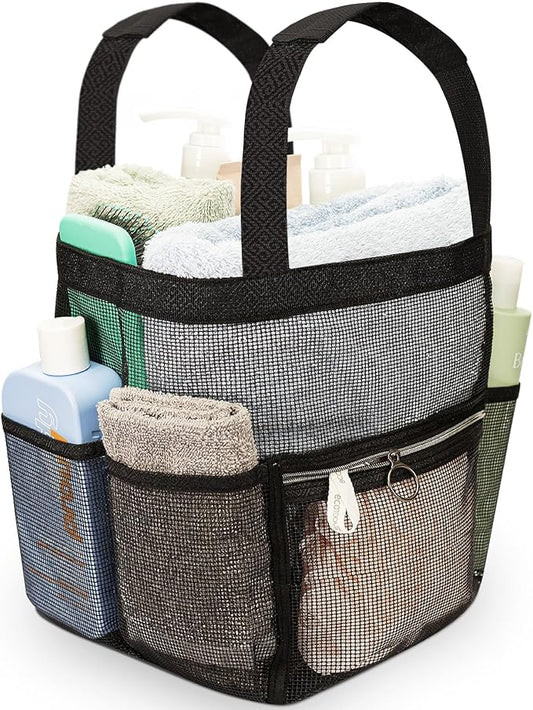 Mesh Shower Caddy Dorm, 7 Pockets & 1 with Zipper, Shower Tote with Padded Handles, Travel Portable, Shower Caddy College Room Essentials, Bathroom Shower Bag (Black)