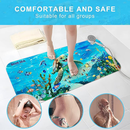 Upgrade Cartoon Baby Bath Mat Non Slip - 40"x16" Extra Long Bathtub Mat for Baby Eco Friendly Durable Bath Mat for Tub Non Slip Kids Tub Mat with Suction Cups, Machine Washable and No Fading, Turtle