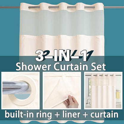 Conbo Mio No Hook Shower Curtain with Snap in Liner Set, Hotel Luxury Beige Fabric Shower Curtains for Bathroom with See Through Top Window, Washable, Waterproof 71W x 74H
