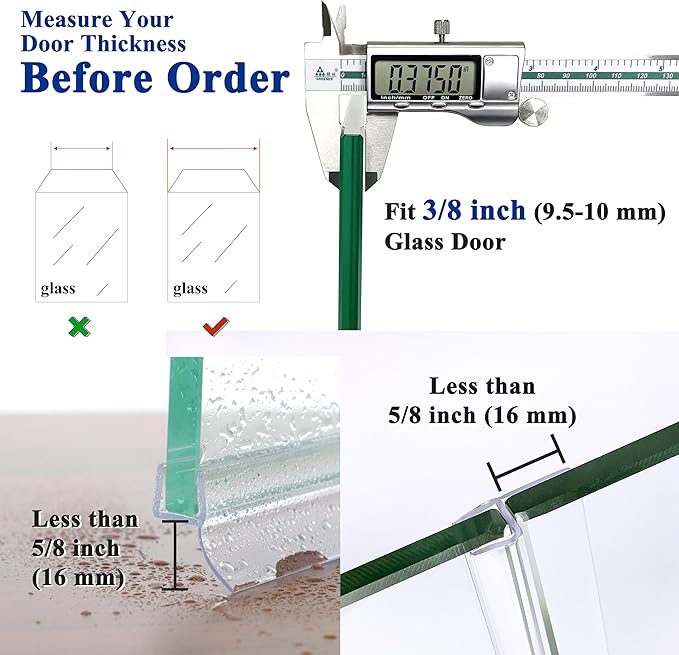 Frameless Shower Door Seal Strip 2 Pack x 39 Inch H for 3/8" Thick Glass Shower Door Side Seal Strip Bottom Seal Door Sweep Ultra Clear Polycarbonate, Stop Shower Leaks Create A Water Barrier