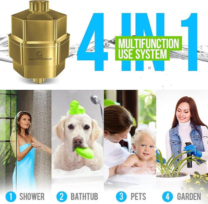 AquaHomeGroup 20 Stage Shower Filter for Hard Water - High Output Universal Shower Head Filter for Chlorine, Fluoride, Heavy Metals - Vitamin C E Shower Water Filter for Hair and Skin (Golden)